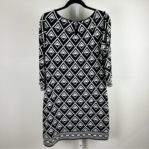 White House Black Market Geometric Diamond Print Shift Dress 3/4 Sleeve Keyhole - Picture 2 of 11
